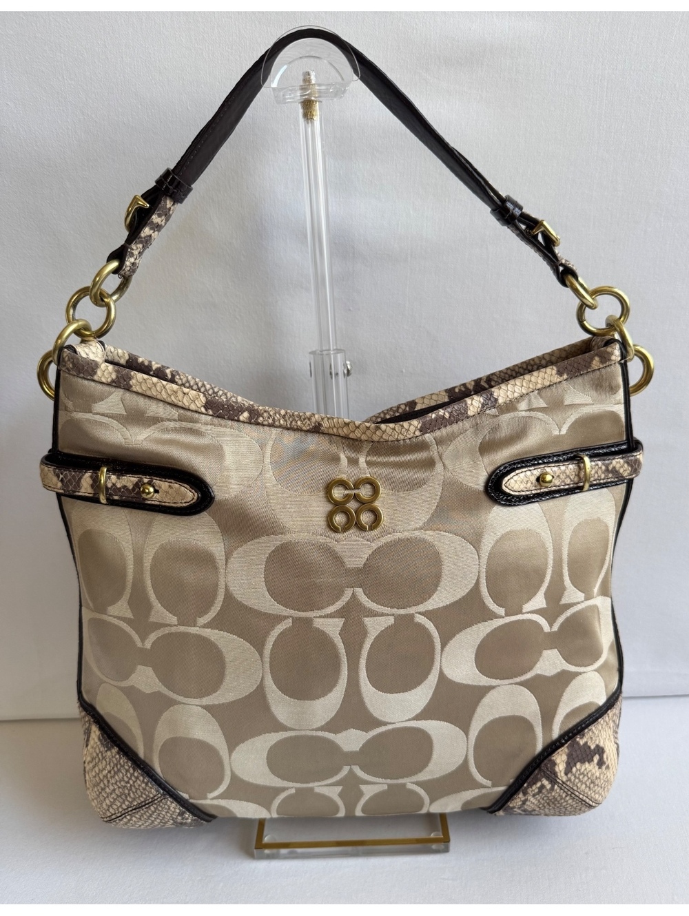 Coach Colette 16408 Signature Sateen Hobo Bag Beige Python Embossed Trim